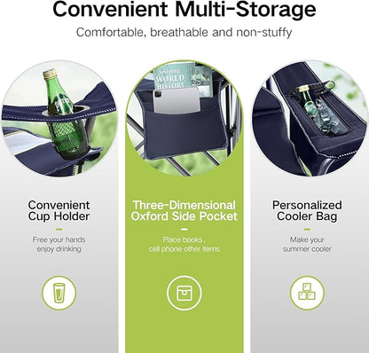 GREEN PARTY Folding Camping Chair Oversized Heavy Duty Lawn Chair with Cooler Bag, Cup Holder, Storage Pocket, Collapsible Padded Outdoor Arm Chair, Quad Lumbar