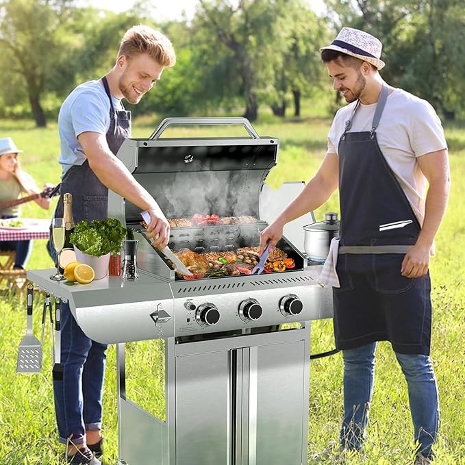 G31 pro Gas Grill 34,000 BTU 3-Burner Propane Grill with Side Burner, Stainless Steel BBQ Grill, Cast Iron Grates & Portable Cart with Wheels，Outdoor Barbecue Grill for Backyard, Patio, Camping