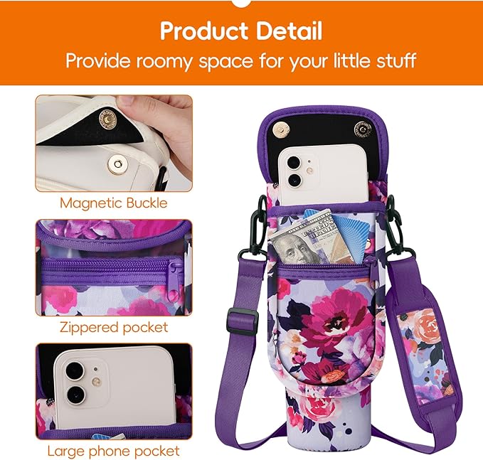 Water Bottle Carrier Bag with Phone Pocket for Stanley 40/30 oz Tumbler Neoprene Insulated Mug Sleeve Pouch with 2 Pockets & Adjustable Strap & Straw Cover for Stanley Cup Accessories