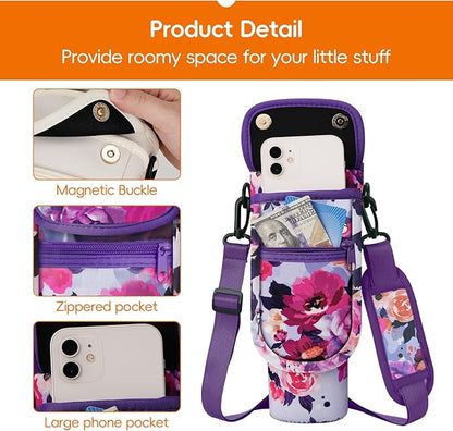 Water Bottle Carrier Bag with Phone Pocket for Stanley 40/30 oz Tumbler Neoprene Insulated Mug Sleeve Pouch with 2 Pockets & Adjustable Strap & Straw Cover for Stanley Cup Accessories