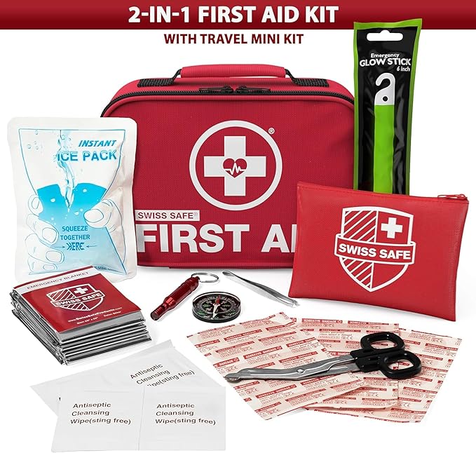Swiss Safe 2-in-1 First Aid Kit for Car, Travel & Home, Businesses - Bonus Mini Kit for Medical Emergency Aid, Survival, Camping - 120+32 Pcs, Small+Travel FAK