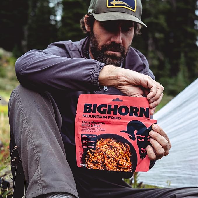 BIGHORN Mountain Food Spicy Mexican Birria and Rice - contains 6 packs | 12 servings | 210g Protein | 2,940 Calories - premium freeze dried meals for backpacking food - dehydrated camping food for backpacking meal - just add water - great taste