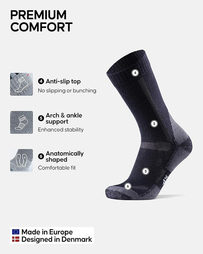 DANISH ENDURANCE Merino Wool Hiking Crew Socks for Men & Women, Cushioned Anti-Blister, Breathable - 3 Pairs