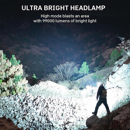 azamine Rechargeable Headlamp Super Bright 99000 Lumens, LED Head Lamp with 3 Modes, 90° Adjustable Head Lights for Forehead, IPX6 Waterproof HeadLamps for Adults Camping Hunting Hiking