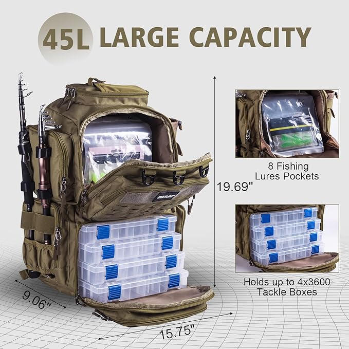 Goture Fishing Backpack, Tackle Backpack with Rod Holders, 45L 600D Large Fishing Bag Gear Storage, Water Resistant Tackle Bag with 8 Lure Pockets, Rain Cover for Camping Hiking (Without Tackle Box)