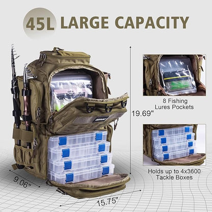 Goture Fishing Backpack, Tackle Backpack with Rod Holders, 45L 600D Large Fishing Bag Gear Storage, Water Resistant Tackle Bag with 8 Lure Pockets, Rain Cover for Camping Hiking (Without Tackle Box)