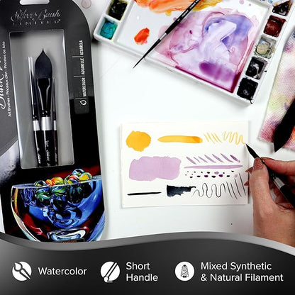 Silver Brush Limited WC-3208S Black Velvet Variety Set, Professional Premium Artist Paintbrushes for Watercolor, Gouache, Inks, & Dyes, Set of 3, Round, Script Liner, & Flat Wash Brushes, Short Handle