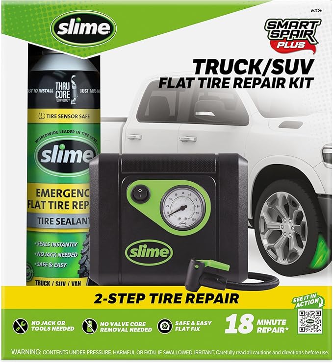 Slime 50166 Flat Tire Puncture Repair, Smart Spair Plus, Emergency Kit for Car Tires, Includes Sealant and Tire Inflator Pump, Suitable forTruck/SUV, 18 Min Fix