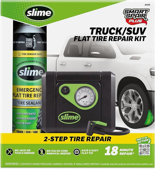 Slime 50166 Flat Tire Puncture Repair, Smart Spair Plus, Emergency Kit for Car Tires, Includes Sealant and Tire Inflator Pump, Suitable forTruck/SUV, 18 Min Fix