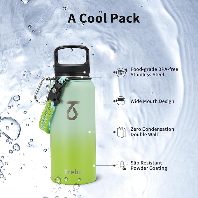 Trebo 32 oz Water Bottle Insulated with Lid and Straw, Double Wall Vacuum Stainless Steel Sports Flask with Paracord Handle, Keep Hot 24 Hours & Cold 48 Hours Water Cup with 3 Lids, Dark Green