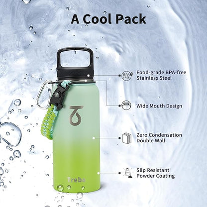 Trebo 32 oz Water Bottle Insulated with Lid and Straw, Double Wall Vacuum Stainless Steel Sports Flask with Paracord Handle, Keep Hot 24 Hours & Cold 48 Hours Water Cup with 3 Lids, Dark Green