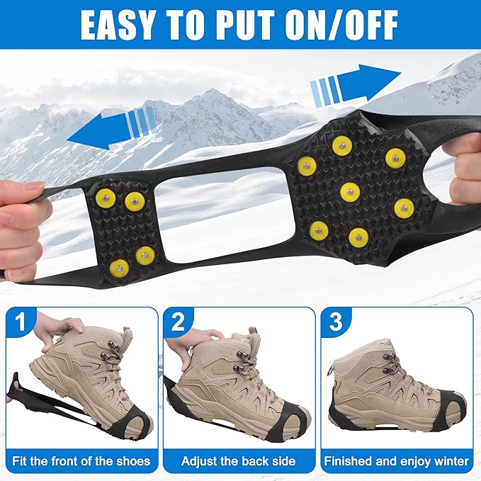 Ice Cleats Snow Traction Crampons for Shoes and Boots,11-Stud Ice Cleats Walking Traction Grips Anti-Slip Ice Snow Grippers Over Shoe for Women Men Walking on Snow and Ice