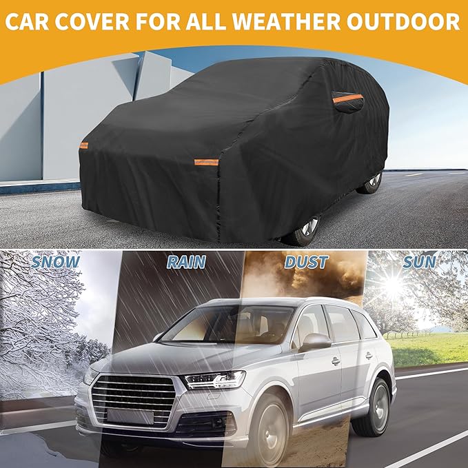 Waterproof All-Weather Universal Car Cover with Right Side Zipper, 210T-PU Black Fits for Wagon 190" to 198" Length