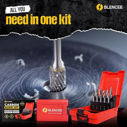 10Pcs Tungsten Carbide Burr Set 6.35mm - 1/4" Shank Double Cut Die Grinder Bits Cutting Burrs - Metal, Steel - Rotary Tools Rasp Accessories - Deburring, Engraving, Grinding, Carving, Porting