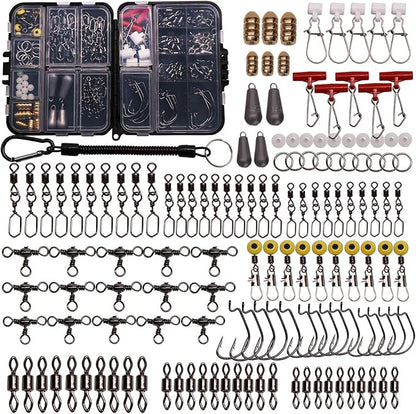 Fishing Accessories Kit with Hooks, Bass Casting, Sinkers, Swivels, Snaps, Sinker Slides, Line Beads, Fishing Set with Tackle Box Lanyard