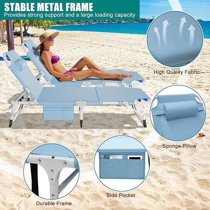 DoCred Heavy Duty Tanning Chair with Face Hole, Adjustable 5-Position Folding Chaise Lounge Chairs for Outside, Portable Lay Flat Beach Lounge Chair for Outdoor Sunbathing Beach Pool Lawn Camping