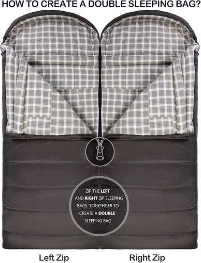 0 Degree Sleeping Bag 100% Cotton Flannel XXL for Adults Big and Tall Cold Weather Winter Zero Degree Camping,Free Compression Sack