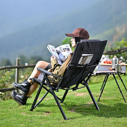 Reclining Camping Chair, Heavy Duty Folding Chairs with 4-Stage Adjustable High Back for Adults, Compact Foldable Outdoor Patio Reclining Chair with Storage Bag (Black, 2 Pack)