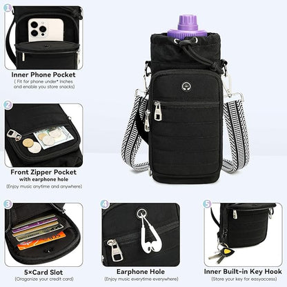 Water Bottle Carrier Bag with Strap, Sling Bag for Walking, Hiking, Cycling, Black, 40 Ounces