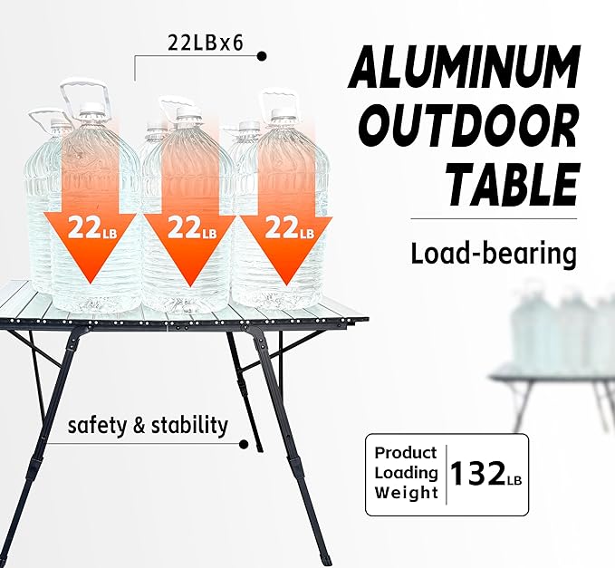 Portable Adjustable Camping Table - Sturdy Aluminum, Oversized Foldable Surface for Outdoor Picnic, BBQ, and Indoor Use,Silver