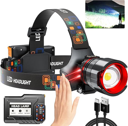 Rechargeable Headlamp 4000 High Lumens, Super Bright LED Head Lamp with Motion Sensor, 12 Modes, IPX7 Waterproof, 125° Adjustable, Zoomable Headlight for Adults, Camping, Cycling, Running