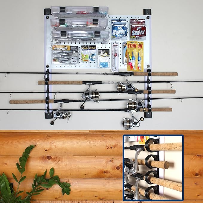 Rush Creek Creations - Fishing Rod Holder for Garage, Fishing Pole Rack Wall Mount & Tackle Storage, No Limit Vertical Fishing Rod Rack Holder, Modular Wall Unit, Fishing Pole Rods Rack