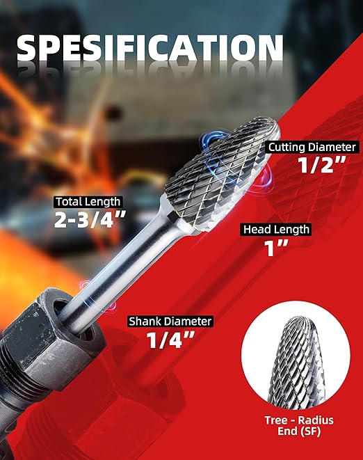 EZARC Tungsten Carbide Burr Set 1/4" Shank, 5PC Double Cut Rotary Tool Bits Cutting Burrs, Die Grinder Bits for Metal Working Grinding, Deburring, Carving, Polishing in Aluminum Storage Box