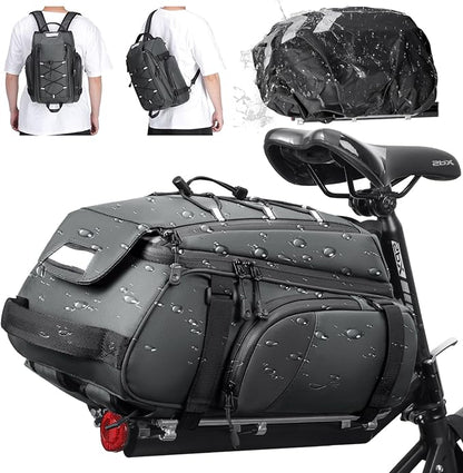 RAINSMORE Bike Bags for Bicycle Rear Rack 15L Waterproof Bike Ebike Trunk Pannier Saddle Bag with Rain Cover Bike Accessories Backpack Shoulder Bag for Commuter Travel Outdoor, Grey