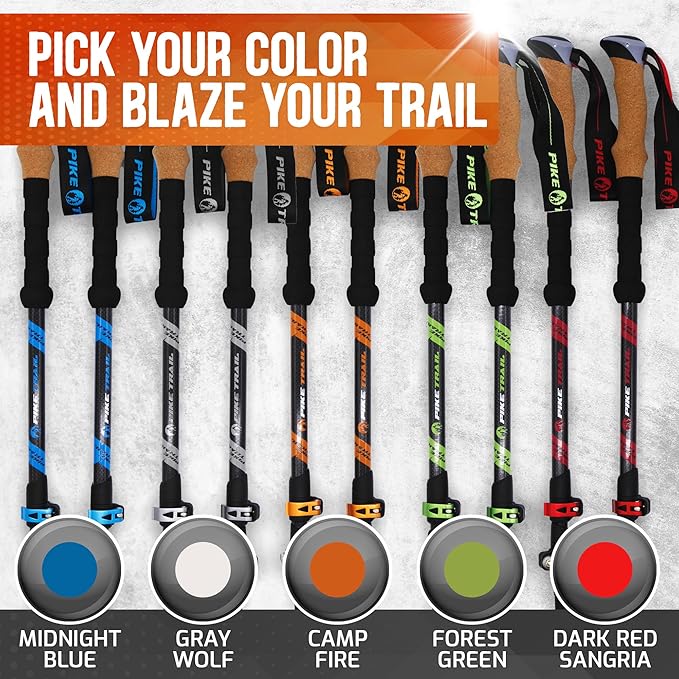 Pike Trail Trekking Poles - Lightweight Carbon Fiber Collapsible Sticks for Walking and Hiking - for Men and Women - Adjustable Height and Retractable Design - Carry Bag and Attachments Included