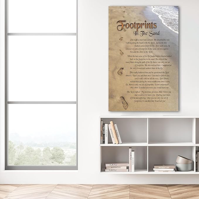 Footprints in the Sand Canvas Prints Wall Art, Footprints in the Sand Wall Art Decor, Inspirational Christian Poem Wall Poster Gift, Beach Picture Wall Art for Living Room Beach Office 32"Wx48"HInches