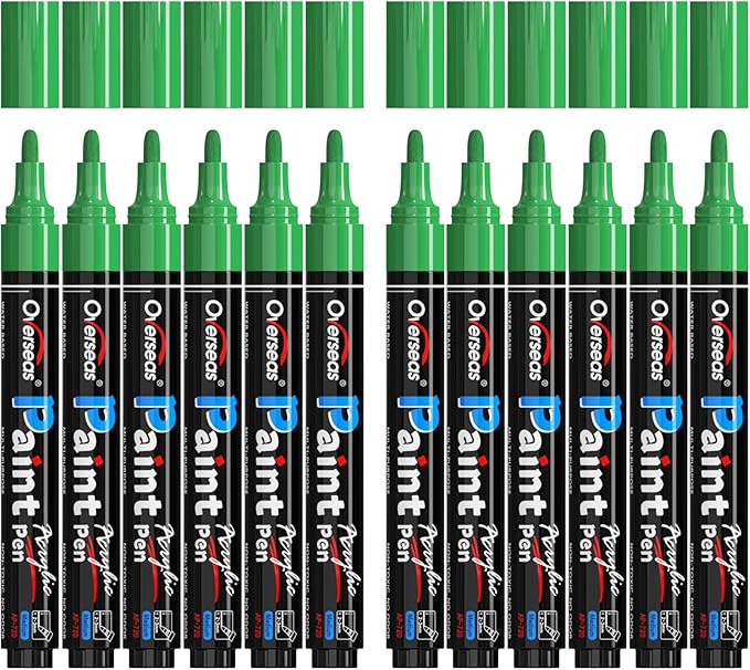 Overseas Green Paint Pens Paint Markers - Permanent Acrylic Markers 12 Pack, Water-Based, Quick Dry, Waterproof Marker Pen for Rock, Wood, Plastic, Metal, Canvas, Glass, Fabric, Mugs. Medium Tip