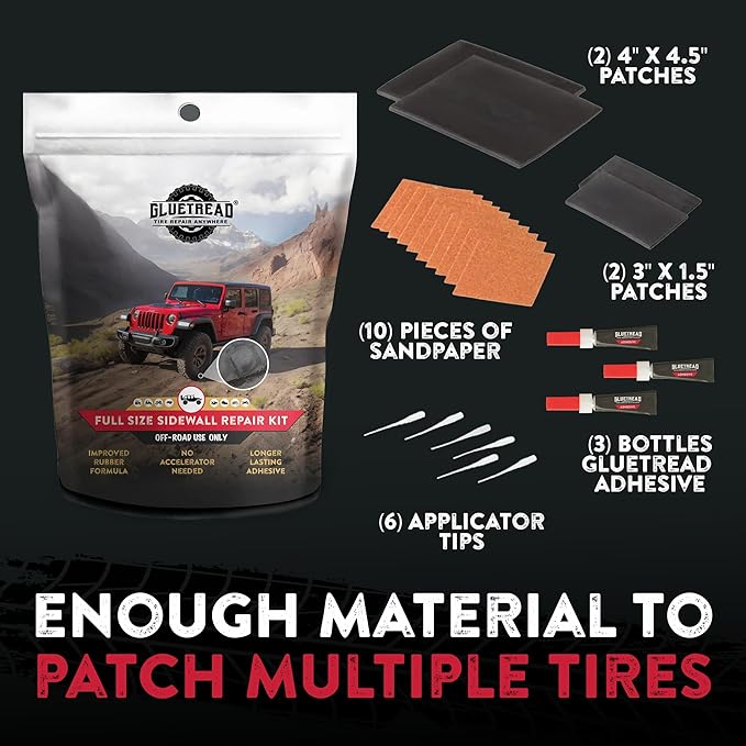 GlueTread Full-Size 4x4 Sidewall Tire Repair Kit | Sidewall Tire Patch Kit Puncture Repair Kit for Off-Road 4x4 Vehicles | Improved Rubber Formula No Accelerator Needed 10 Minutes Curing Time
