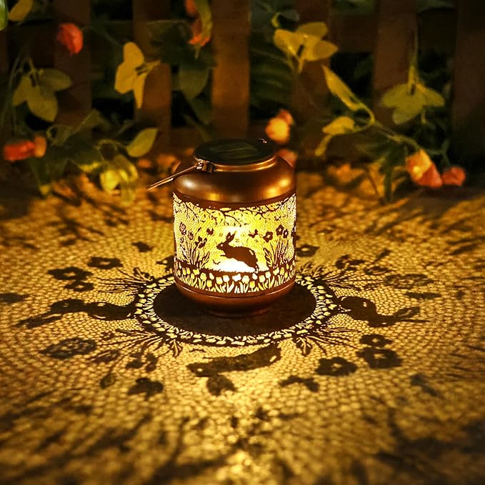 Rabbit Solar Lanterns Outdoor Waterproof-Hanging Solar Lights Bunny Gifts for Women Mom Grandma Metal Decorative LED Lantern Outside for Garden Decor,Yard,Patio,Lawn,Porch,Backyard,Pathway