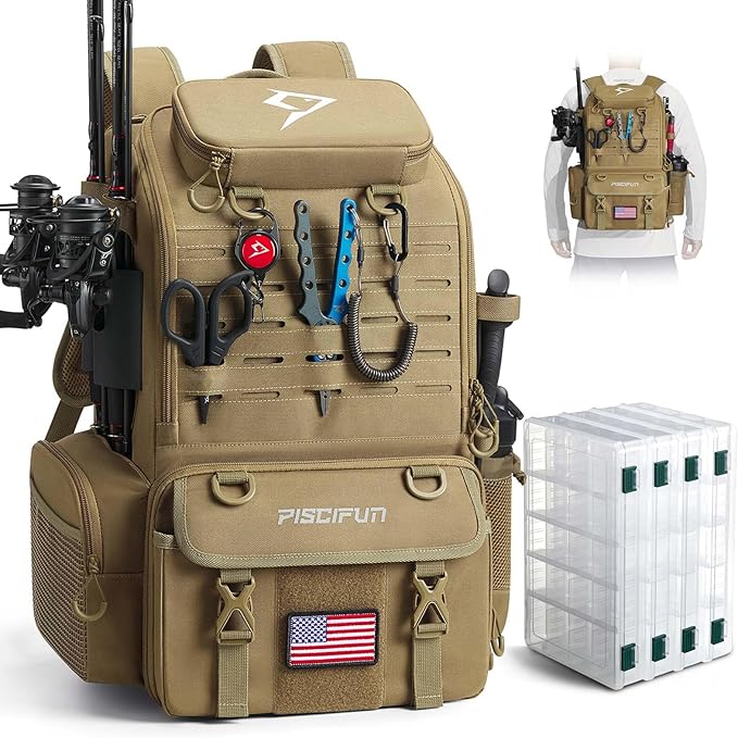 Piscifun 52L Fishing Tackle Backpack with Rod Holders & 4 Tackle Boxes, Large Tackle Bag for Gear Storage with Rain Cover