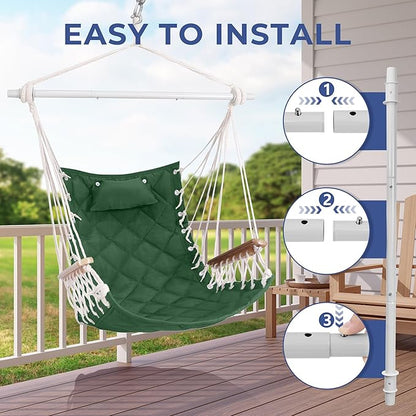 Hammock Chair Hanging Swing with Wooden Armrests;Steel Spreader Bar,Pillows,Hardware kit Included;Cotton Woven ;Up to 350 Lbs,for Indoor Outdoor Green