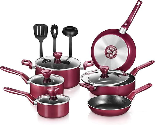 NutriChefKitchen 13-Piece Nonstick Kitchen Cookware Set - PTFE/PFOA/PFOS-Free Heat Resistant Kitchen Ware Pots Pan Set w/Saucepan, Frying Pans, Cooking Pots, Casserole, Lids, Ladle, Fork, Strainer
