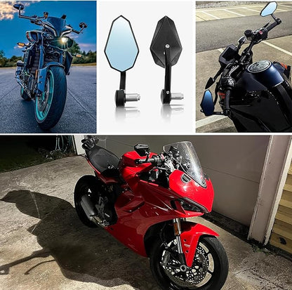 DREAMIZER Motorcycle Bar End Mirrors Black CNC Bar End Mirrors for Motorcycles Compatible with Honda Kawasaki Suzuki Scooter and More (Blue Glass Lens)