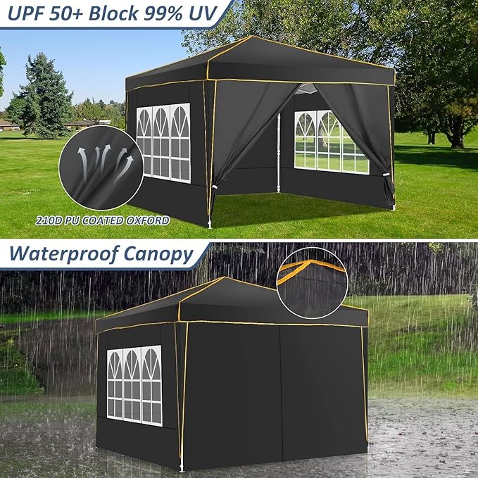 COBIZI 10x10 Pop Up Canopy with 4 Sidewalls, Easy up Canopy for Events, Sports, Beach, Party, Outdoor Party Canopies with 4 Weight Bags, Stakes x4, Ropes x4, Black