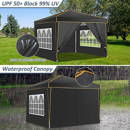 COBIZI 10x10 Pop Up Canopy with 4 Sidewalls, Easy up Canopy for Events, Sports, Beach, Party, Outdoor Party Canopies with 4 Weight Bags, Stakes x4, Ropes x4, Black