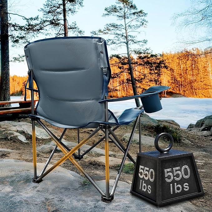 Timber Ridge 550 LBS Oversized Folding Camping Chair for Adults, Heavy Duty Outdoor Chair with Cup Holder Side Pocket for Camp, Lawn, Picnic, Navy-Upgrade