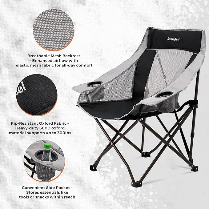 SUNNYFEEL 2 Pack Lightweight Oversized Camping Chairs for Adults Portable Folding Chair with Side Pockets & Cup Holde for Beach,Fishing,Trip,Picnic,Lawn,Concert Outdoor, Carry Bag Included