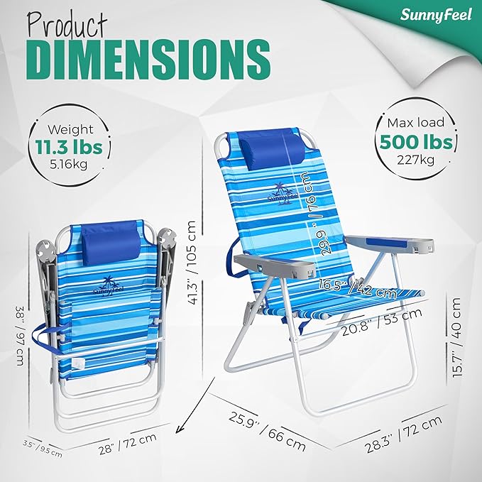SUNNYFEEL Tall Folding Beach Chair Lightweight, Portable Sand Chair for Adults Heavy Duty 500 LBS with Cup Holders, Foldable High Camping Lawn Chairs for Camp/Outdoor/Picnic/Concert/Sports