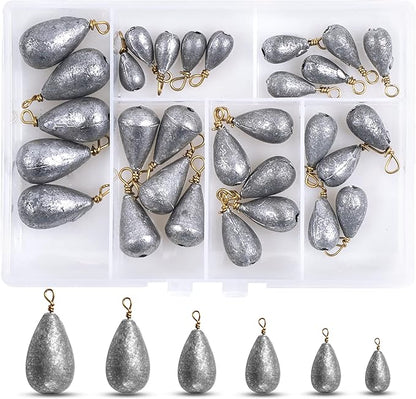 Fishing Weights Sinker Kit-30pcs Assorted Bass Casting Sinker Weights Bell Sinkers Drop Shot Weights with Brass Swivels for Saltwater Freshwater Fishing