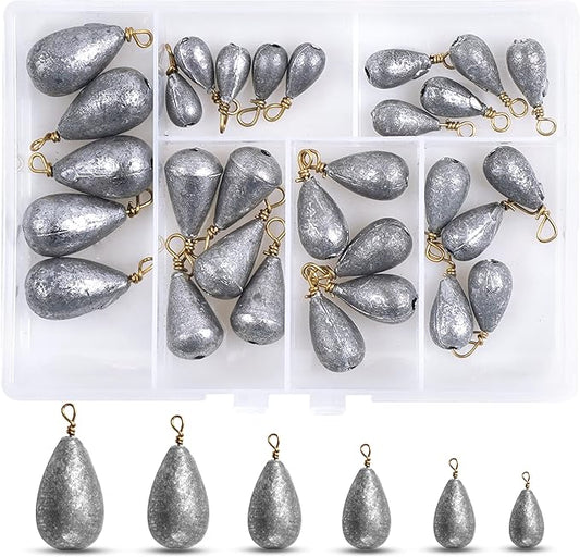 Fishing Weights Sinker Kit-30pcs Assorted Bass Casting Sinker Weights Bell Sinkers Drop Shot Weights with Brass Swivels for Saltwater Freshwater Fishing