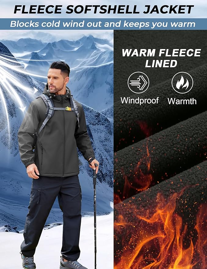 COOFANDY Men's Hooded Softshell Jacket Waterproof Fleece Lined Windbreaker Lightweight Outdoor Hiking Jacket