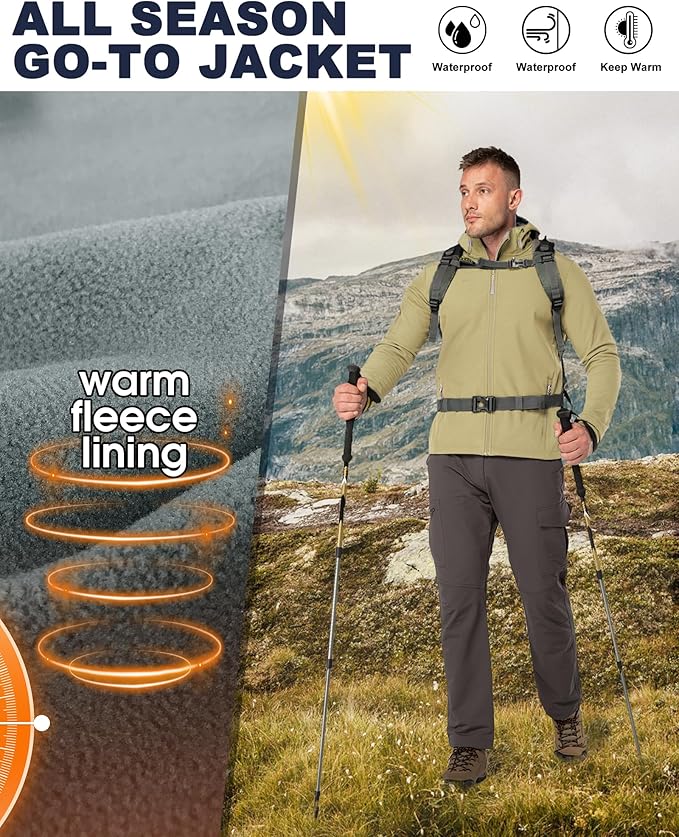 33,000ft Men's Hooded Softshell Jacket Waterproof Lightweight Insulated Windbreaker Fleece Lined Rain Shell Jacket