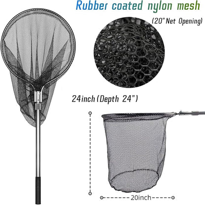Heavy Duty Extra Large Aluminum Landing Net - Telescoping Handle (67-100in), 20in Net Opening for Saltwater Fishing