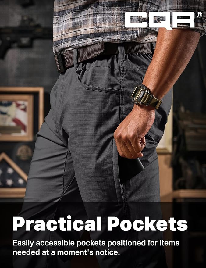 CQR Men's Flex Stretch Tactical Pants, Water Resistant Ripstop Cargo Pants, Lightweight EDC Outdoor Work Hiking Pants