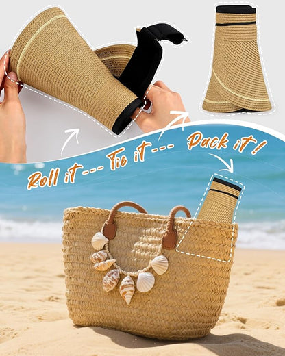 Sun Visor Hat for Women,Wide Brim Beach Hat UV Protection, Packable Straw Sun Visor Hat for Vacation,Summer