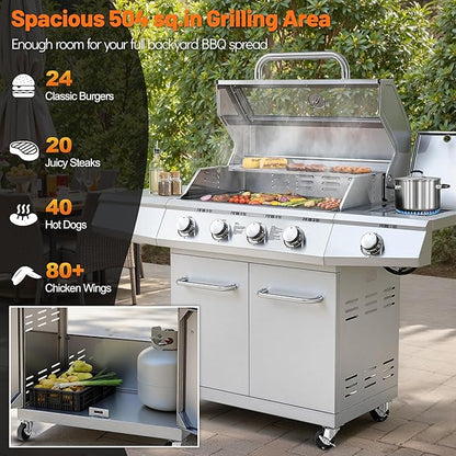 5-Burner Propane Gas Grill with Side Burner, 50,000 BTU, Stainless Steel 4+1 BBQ Grill, Porcelain-Enameled Cast Iron Grates,Locking Casters, Outdoor Grill for Patio & Backyard
